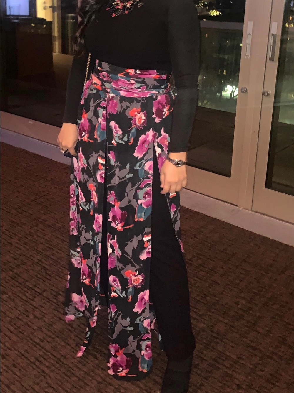 Women's Black Floral Maxi Skirt jumpsuit  with Pink & Purple Blooms